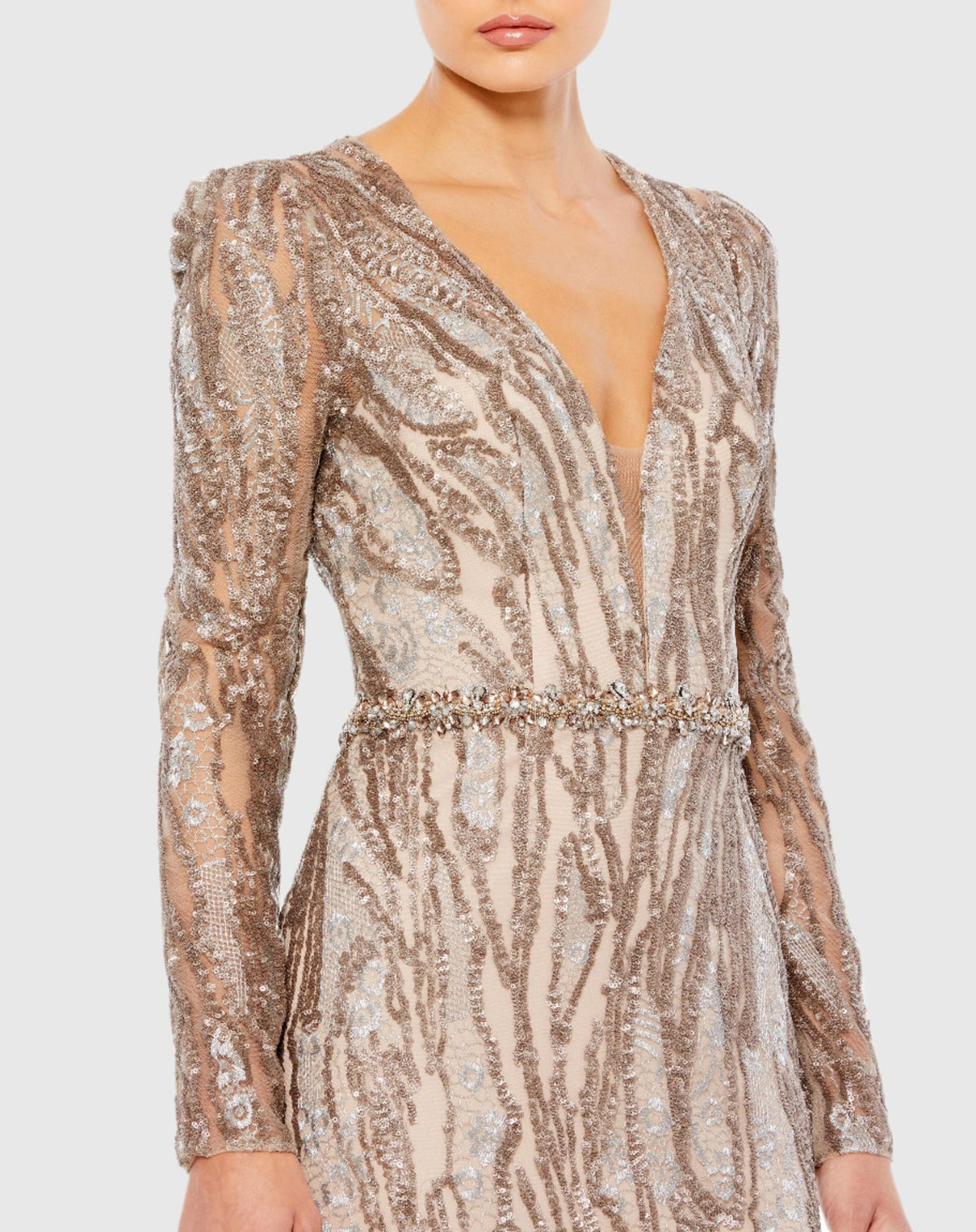Embellished Long Sleeve Plunge Neck Trumpet Gown - Taupe