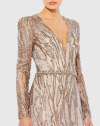 Embellished Long Sleeve Plunge Neck Trumpet Gown - Taupe
