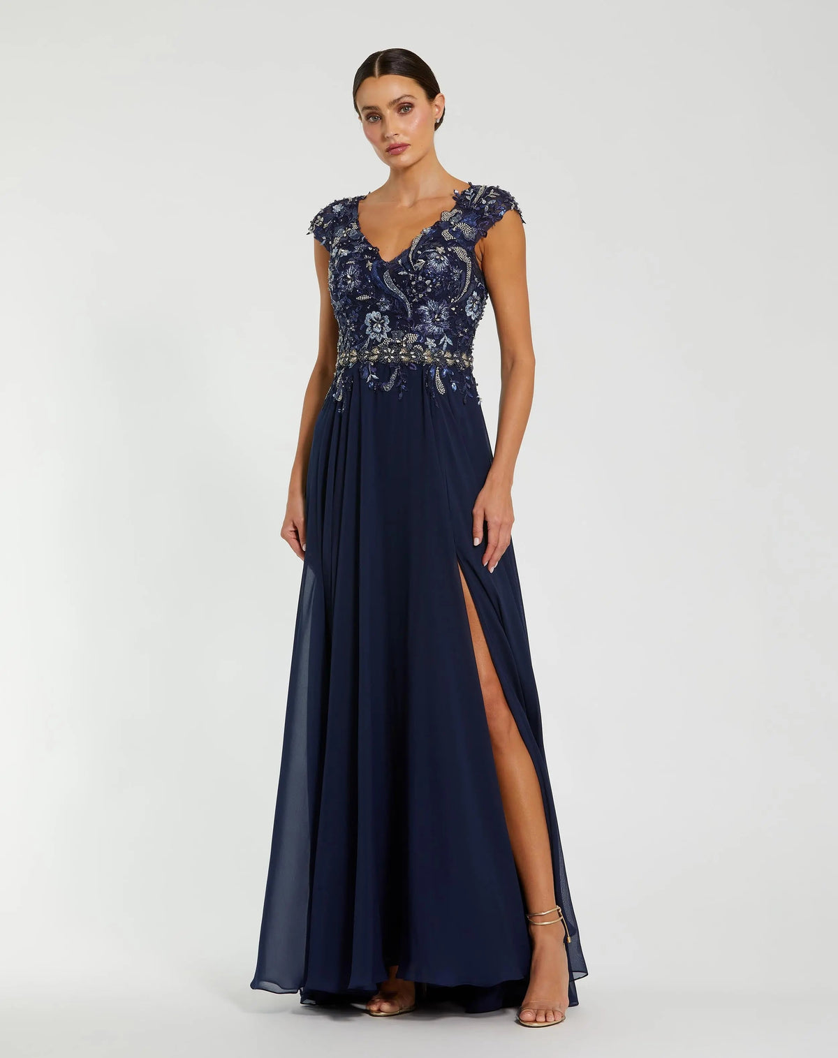 Mac Duggal #79365 Embellished Cap Sleeve Bodice Flowy Gown Midnight