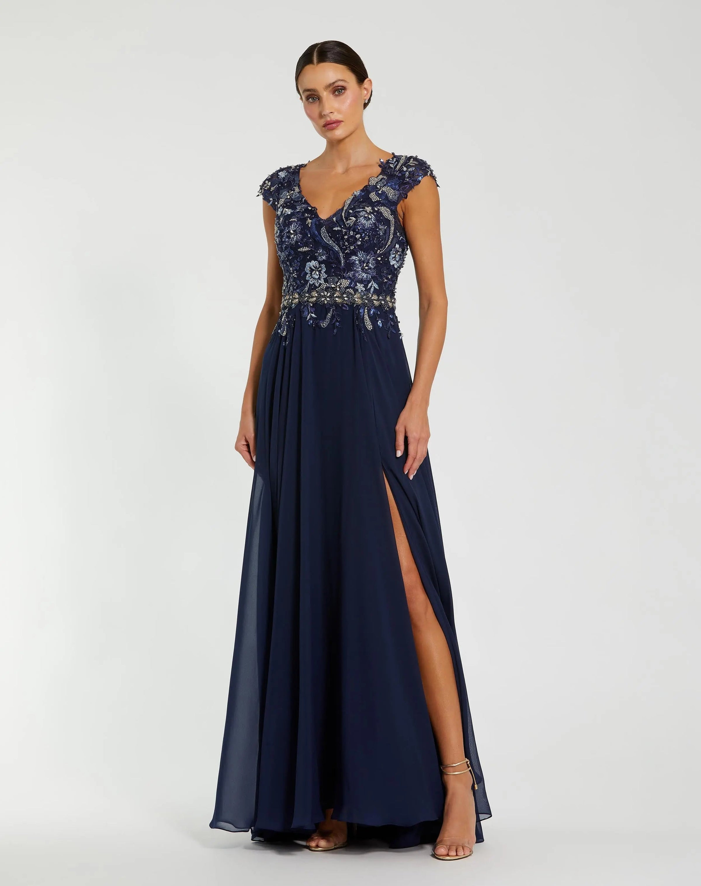 Mac Duggal #79365 Embellished Cap Sleeve Bodice Flowy Gown Midnight