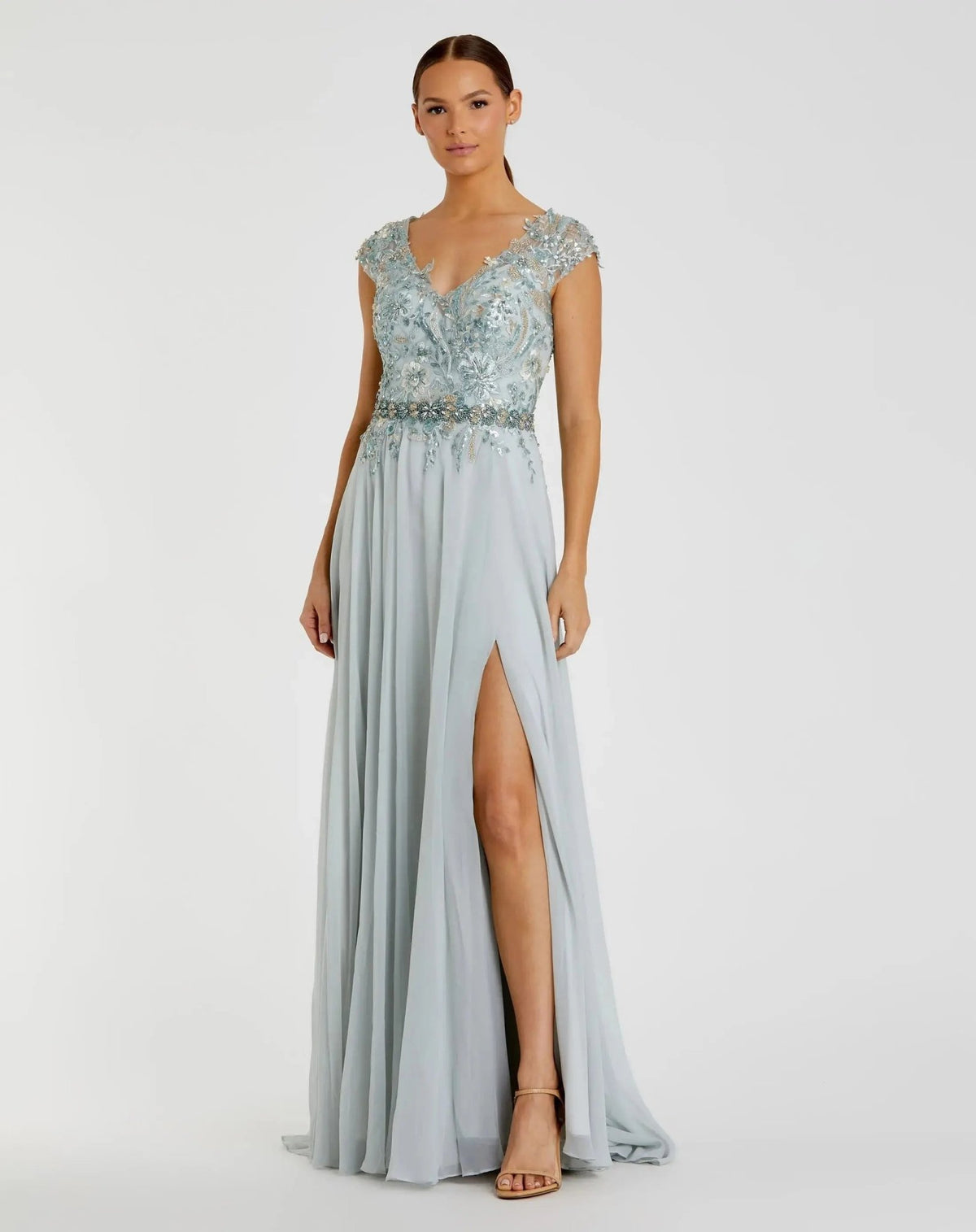 Embellished Chiffon Cap Sleeve A-Line Gown