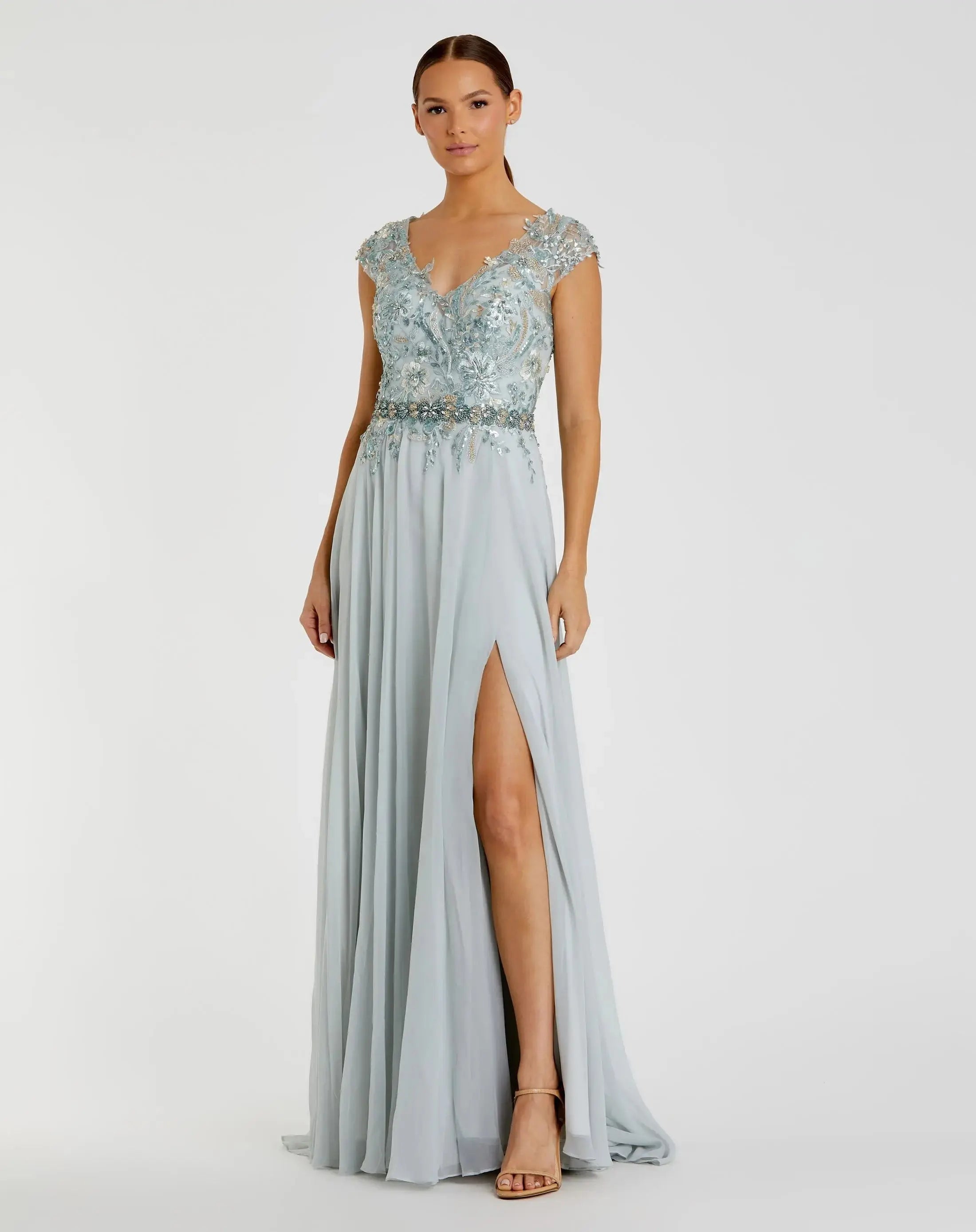 Seamist embellished chiffon cap sleeve A-line gown - front