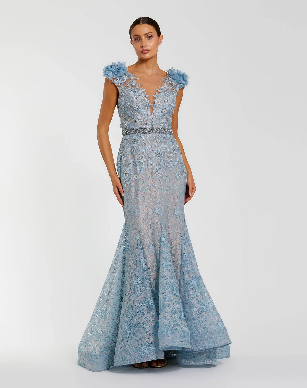 Mac Duggal #79368 powder blue illusion boat neck trumpet gown front