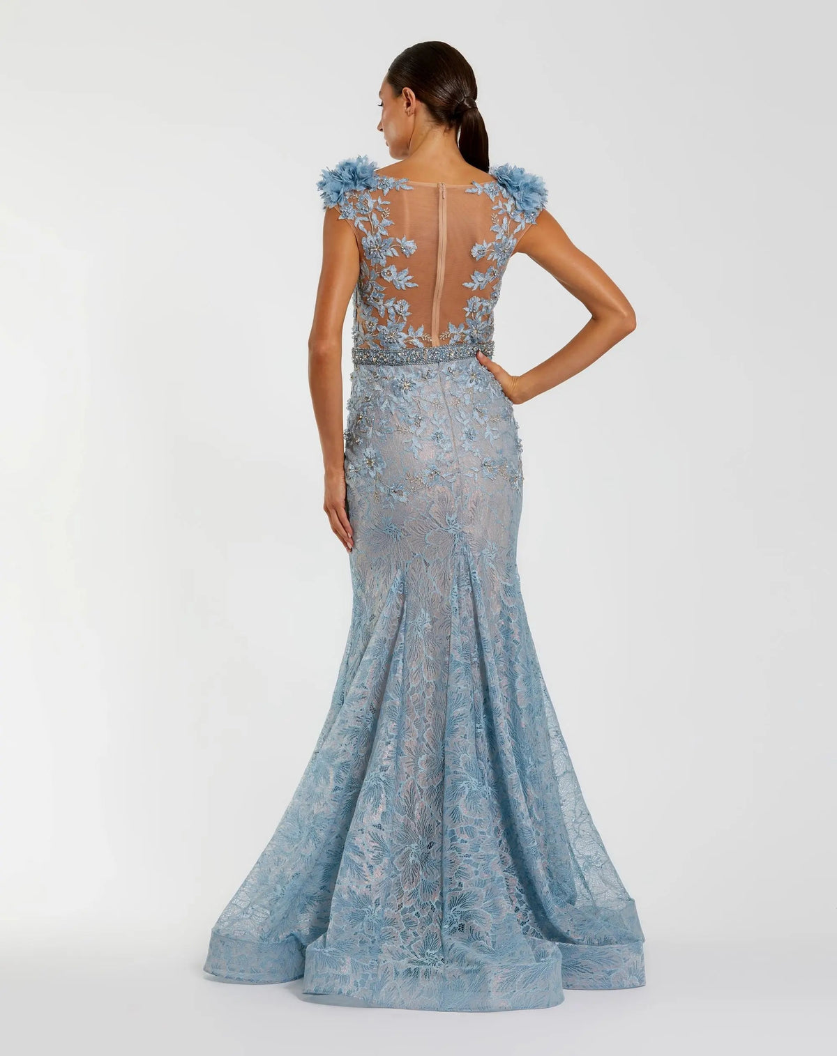 Mac Duggal #79368 powder blue sheer illusion back gown