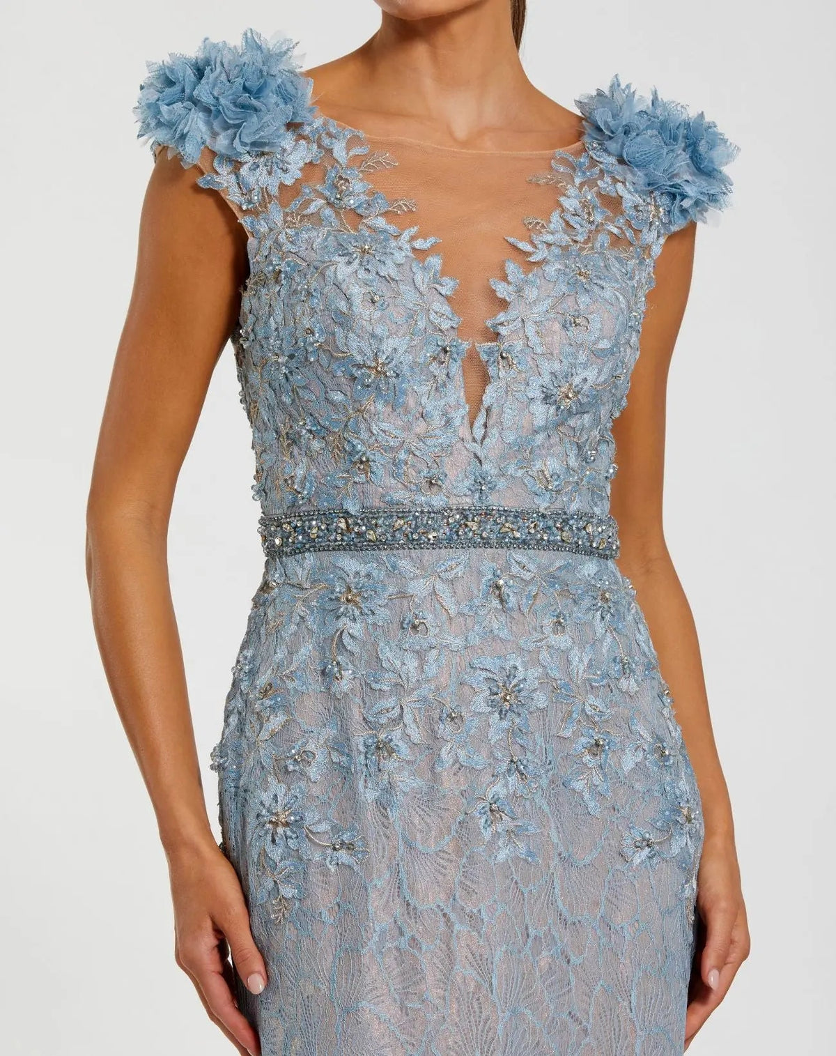 Mac Duggal #79368 powder blue gown embroidery and rhinestone detail