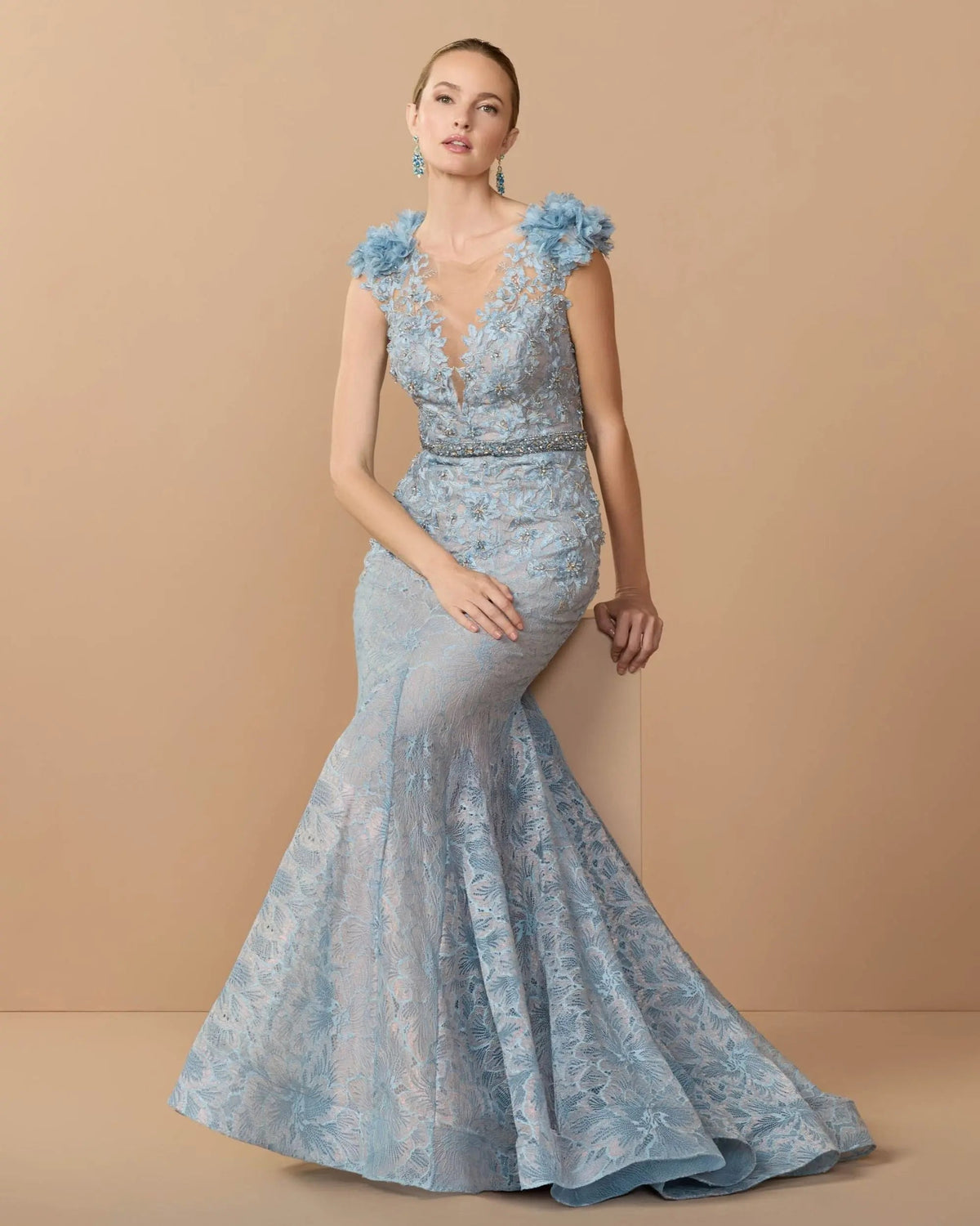 Mac Duggal #79368 powder blue embellished lace gown alternate view