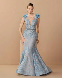 Mac Duggal #79368 powder blue embellished lace illusion neck gown with 3D flowers