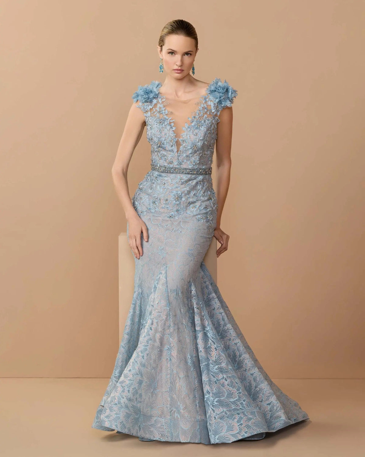 Mac Duggal #79368 powder blue embellished lace illusion neck gown with 3D flowers