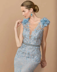 Mac Duggal #79368 powder blue lace gown 3D floral cap sleeve close-up