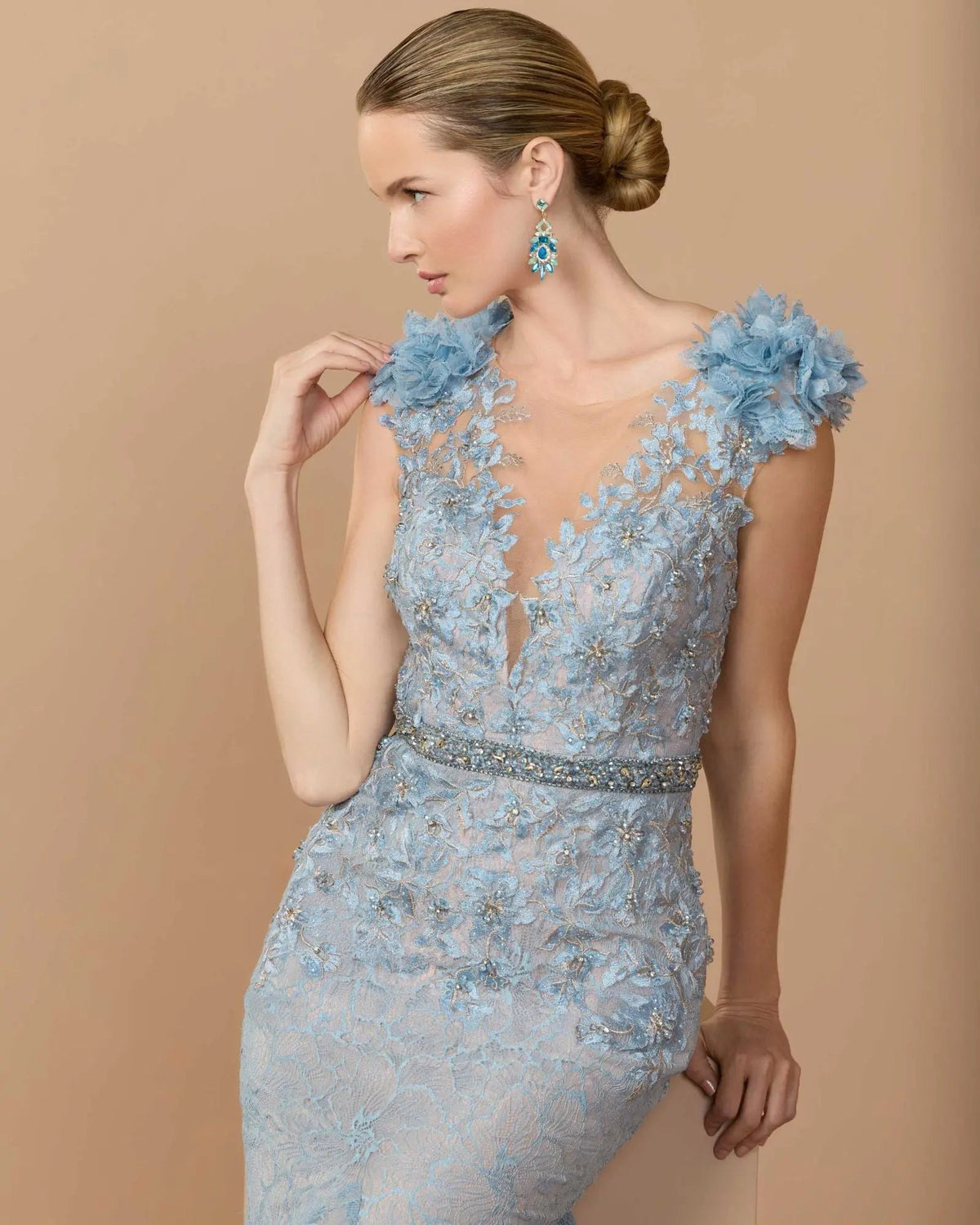 Mac Duggal #79368 powder blue lace gown 3D floral cap sleeve close-up