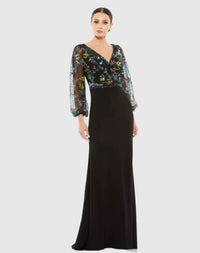 Mac Duggal 79379 Black Multi embroidered illusion puff sleeve column gown - Front