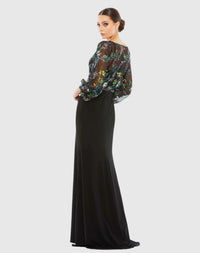 Mac Duggal 79379 Black Multi embroidered illusion puff sleeve column gown - Back view