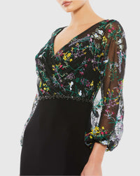 Mac Duggal 79379 Black Multi embroidered illusion puff sleeve column gown - Close up detail