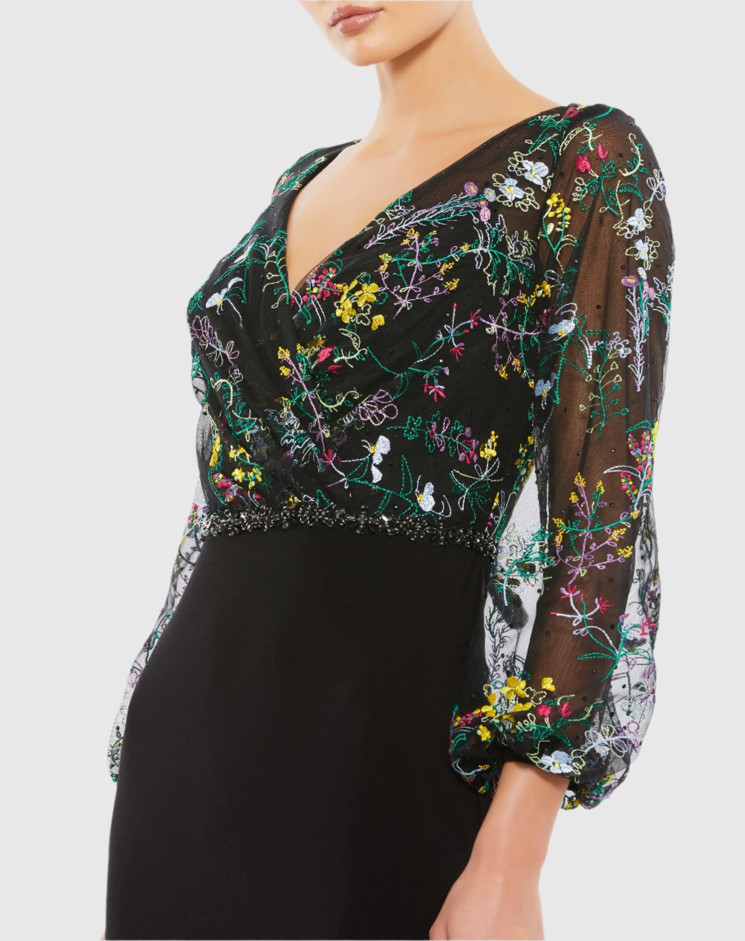 Mac Duggal 79379 Black Multi embroidered illusion puff sleeve column gown - Close up detail