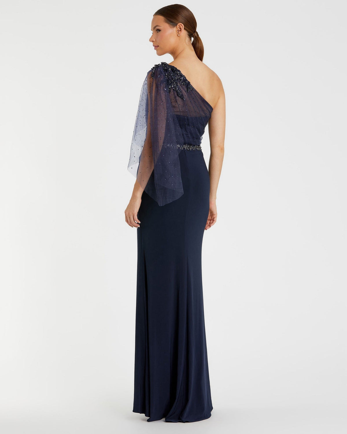 Embellished One Shoulder Draped Gown - Navy