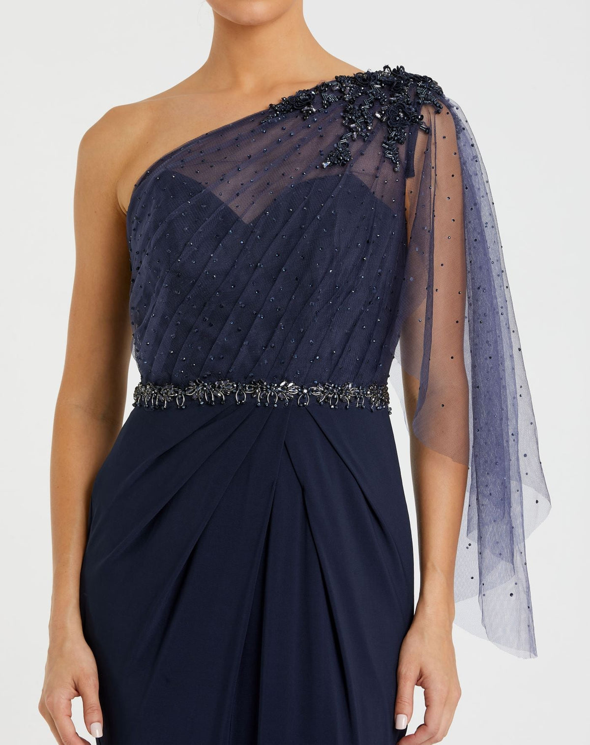 Embellished One Shoulder Draped Gown - Navy