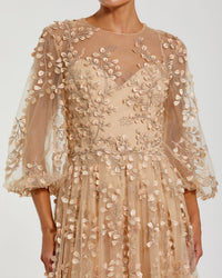 Embroidered Puff Sleeve A-Line Gown