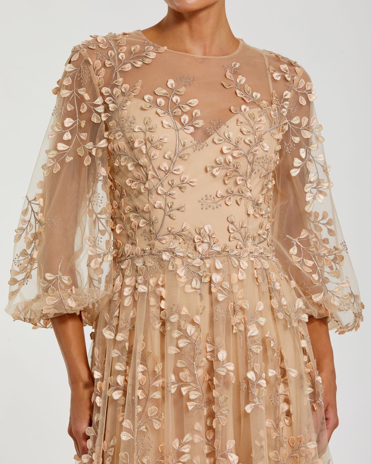 Embroidered Puff Sleeve A-Line Gown