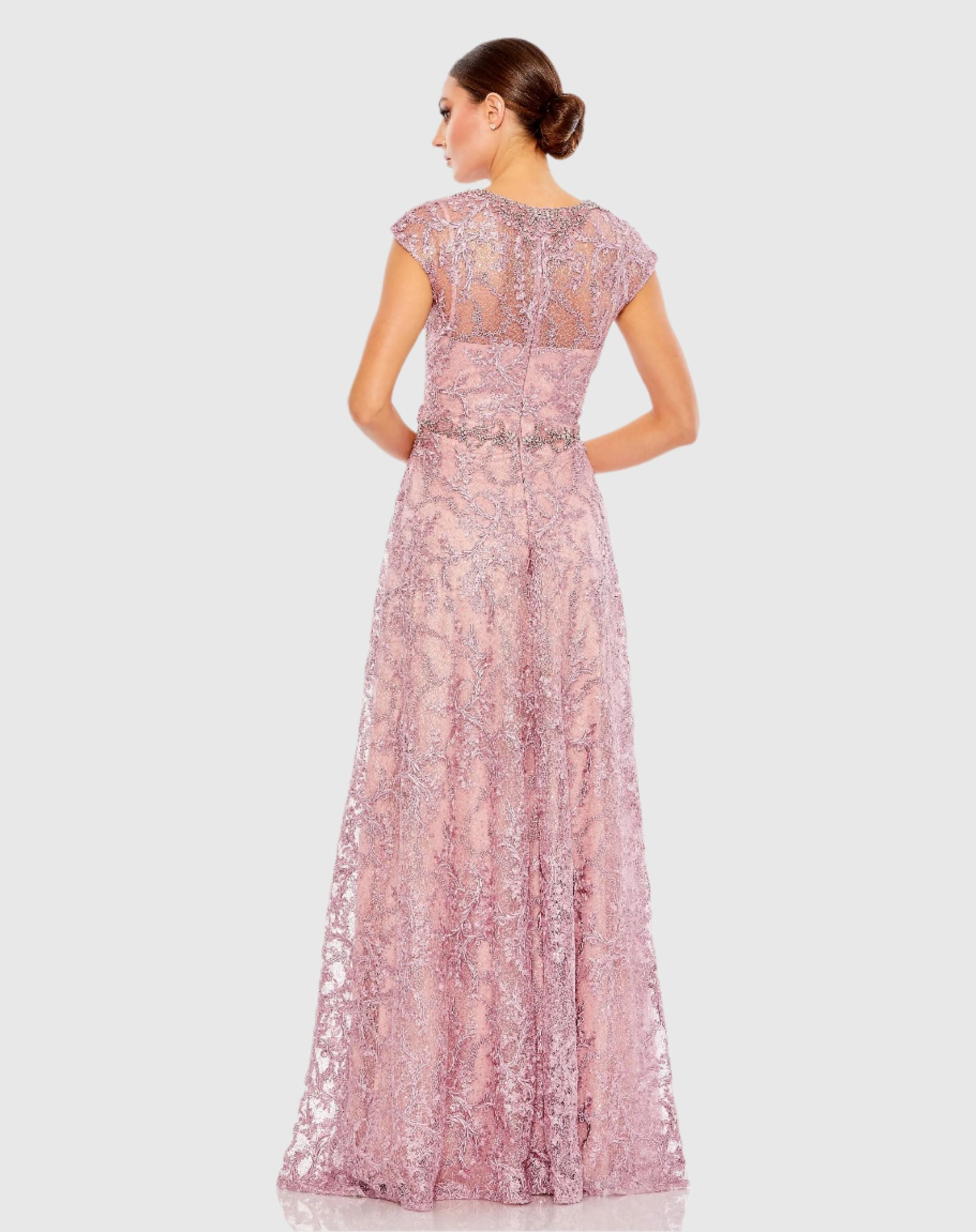 Mac Duggal 79430 Rose embroidered cap sleeve A line gown - Back view