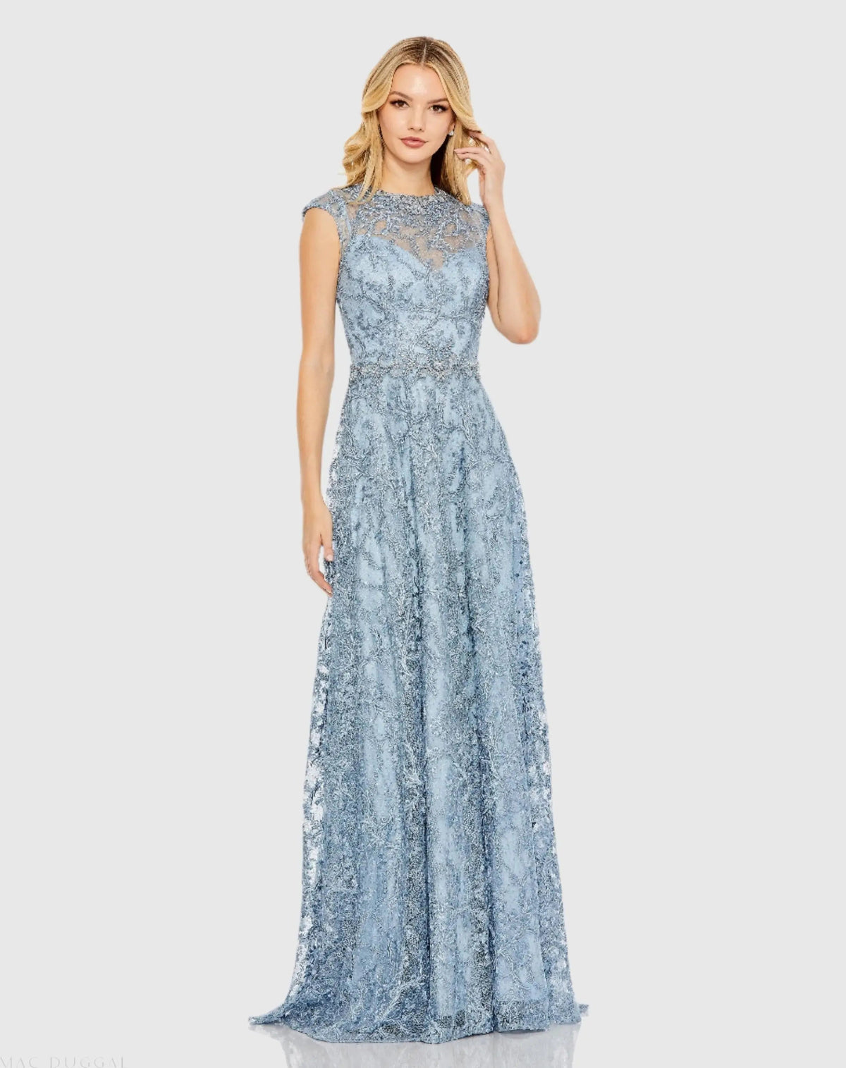 Mac Duggal 79430 Slate Blue embroidered cap sleeve A line gown - Front