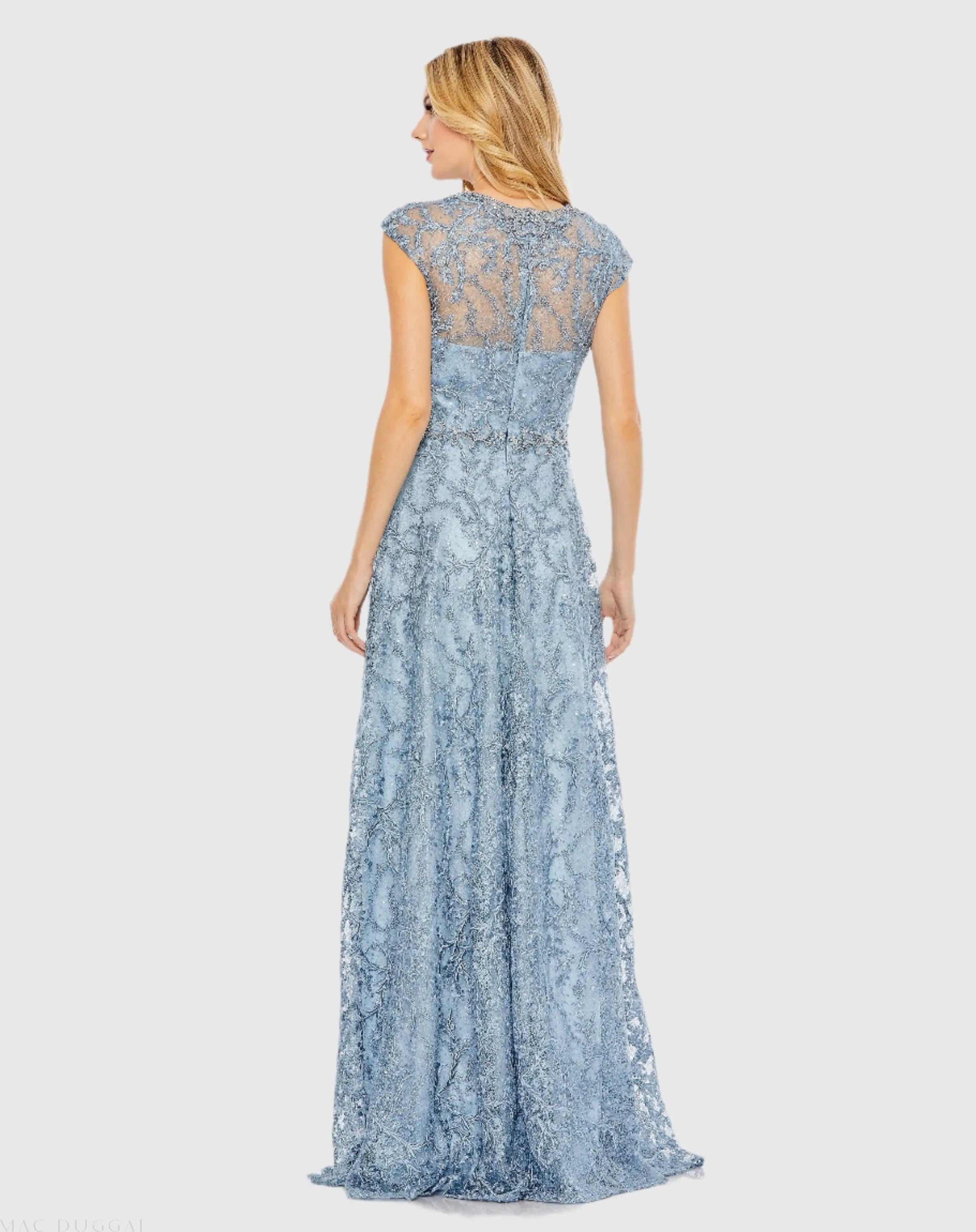Mac Duggal 79430 Slate Blue embroidered cap sleeve A line gown - Back view