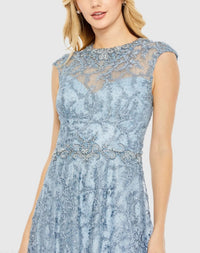 Mac Duggal 79430 Slate Blue embroidered cap sleeve A line gown - Close up detail