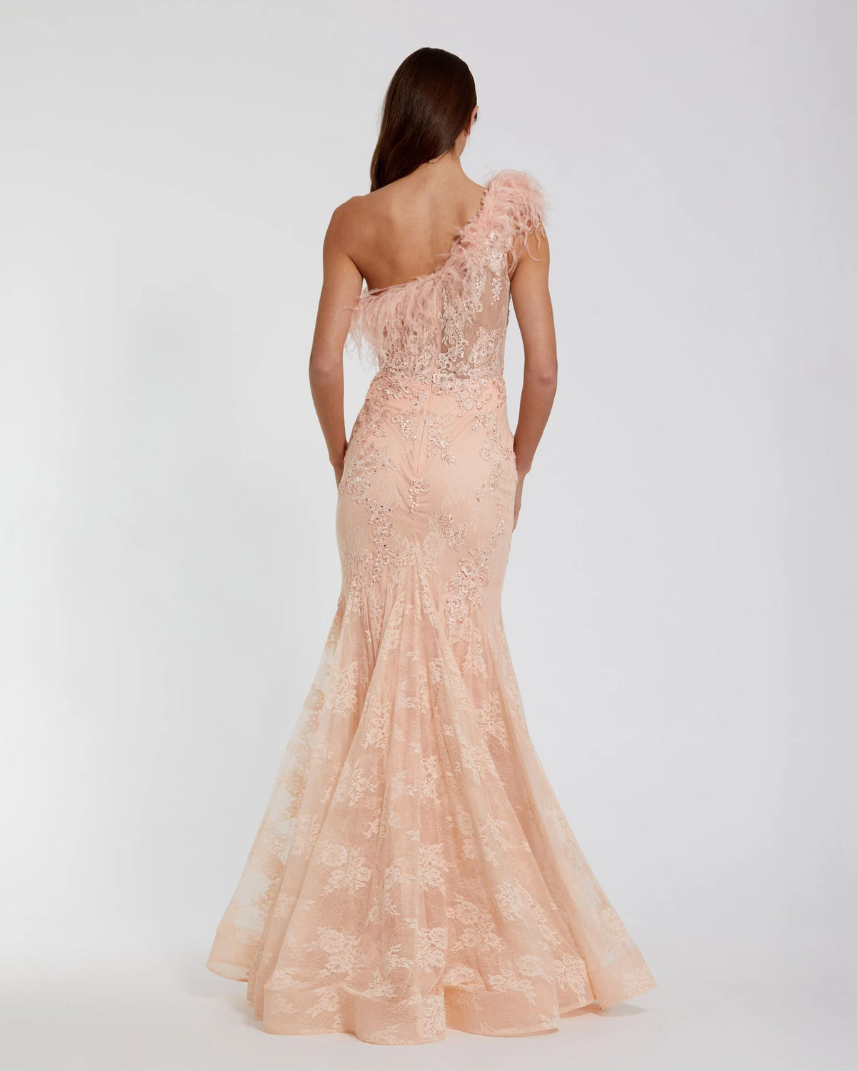 One Shoulder Feather Embellished Mermaid Gown - Pink