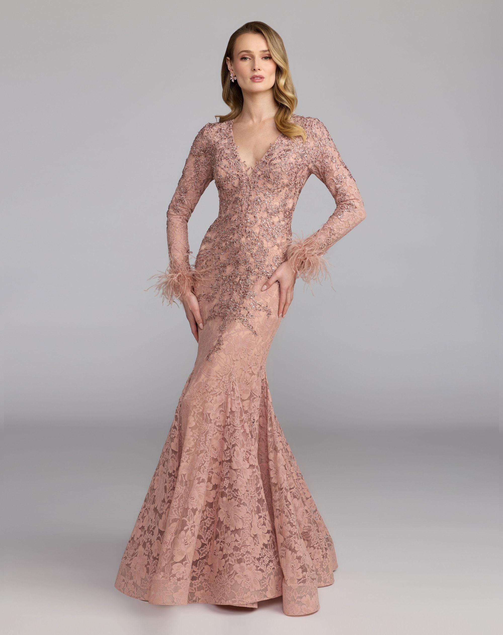 Mac Duggal #79452 Long Sleeve Feather Embellished Mermaid Gown Rose
