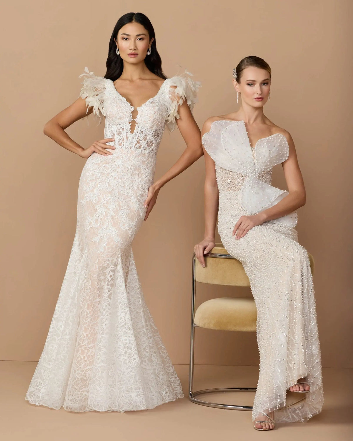 Lifestyle studio group shot showcasing Mac Duggal 79453 ivory lace mermaid gown with feather sleeve accents