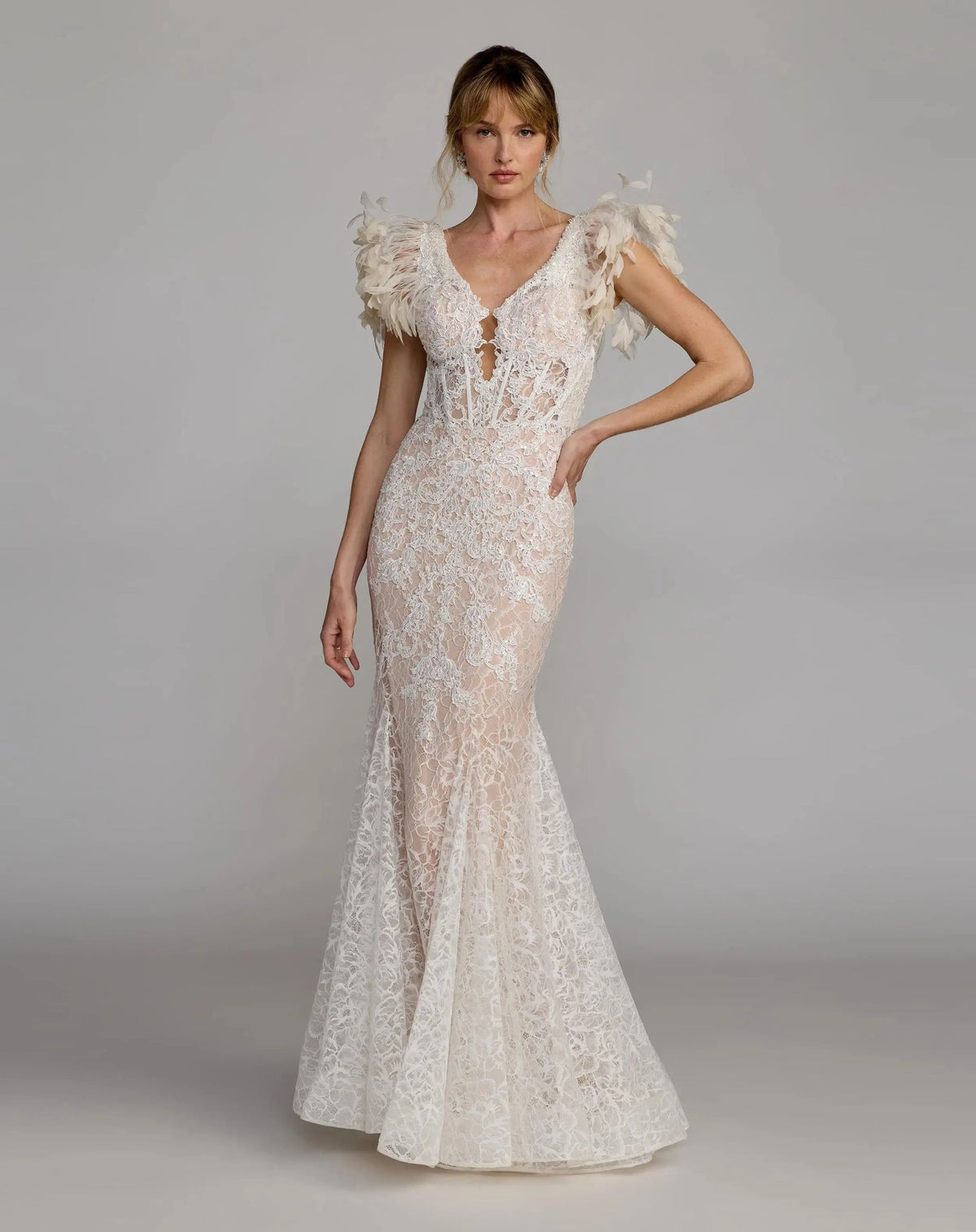 Mac Duggal Ivory Lace Mermaid Gown With Feather Sleeves #79453 Ivory Nude