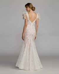 Full length back view of Mac Duggal 79453 ivory lace mermaid gown featuring a deep v-back design