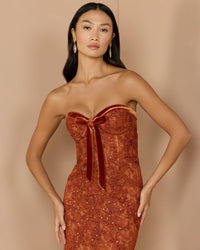 Mac Duggal #79459 cinnamon lace mermaid gown alternate view