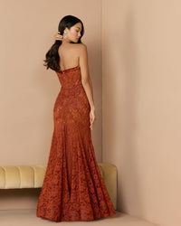 Mac Duggal #79459 cinnamon lace mermaid gown lifestyle back