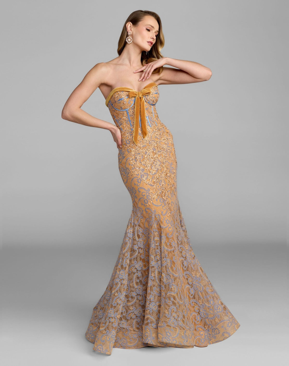 Embroidered Lace Strapless Mermaid Gown
