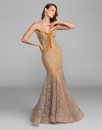 Embroidered Lace Strapless Mermaid Gown