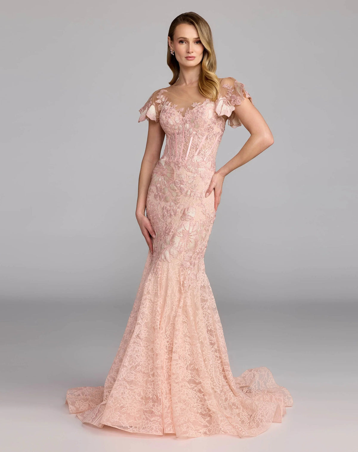 Mac Duggal Floral Embroidered Bustier Mermaid Gown with Flutter Sleeves in Blush #79464