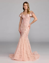 Mac Duggal Floral Embroidered Bustier Mermaid Gown with Flutter Sleeves in Blush #79464