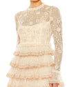 MAC DUGGAL, EMBROIDERED LONG SLEEVE RUFFLED TIERED MODEST GOWN, ECRU, Style #8004 CLOSE UP