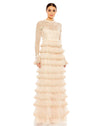 MAC DUGGAL, EMBROIDERED LONG SLEEVE RUFFLED TIERED MODEST GOWN, ECRU, Style #8004