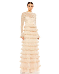 MAC DUGGAL, EMBROIDERED LONG SLEEVE RUFFLED TIERED MODEST GOWN, ECRU, Style #8004