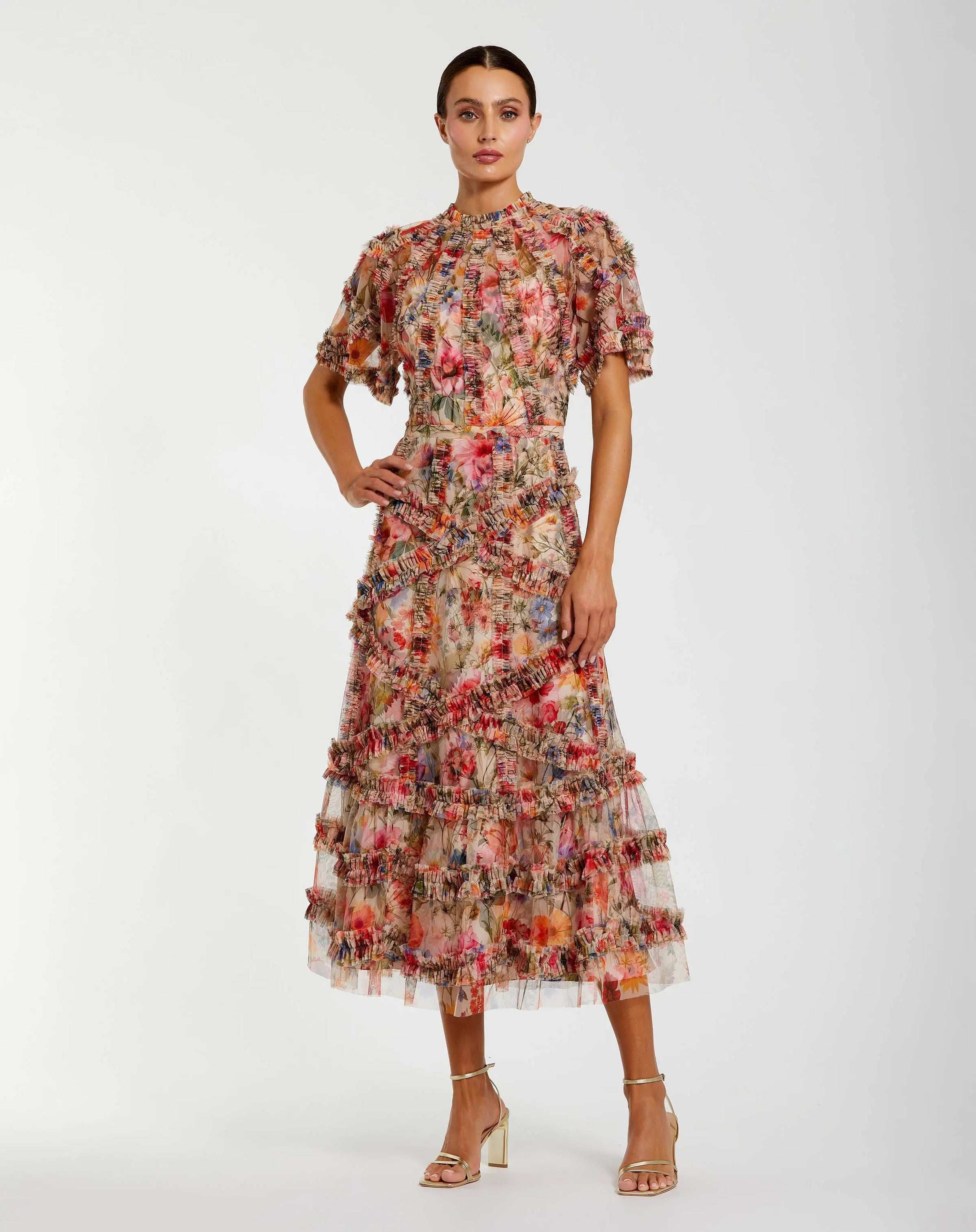 Mac Duggal #8010 cream multi floral midi dress with ruffle detailing