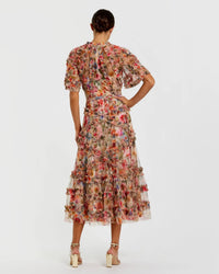 Mac Duggal #8010 cream multi floral midi dress with ruffle detailing