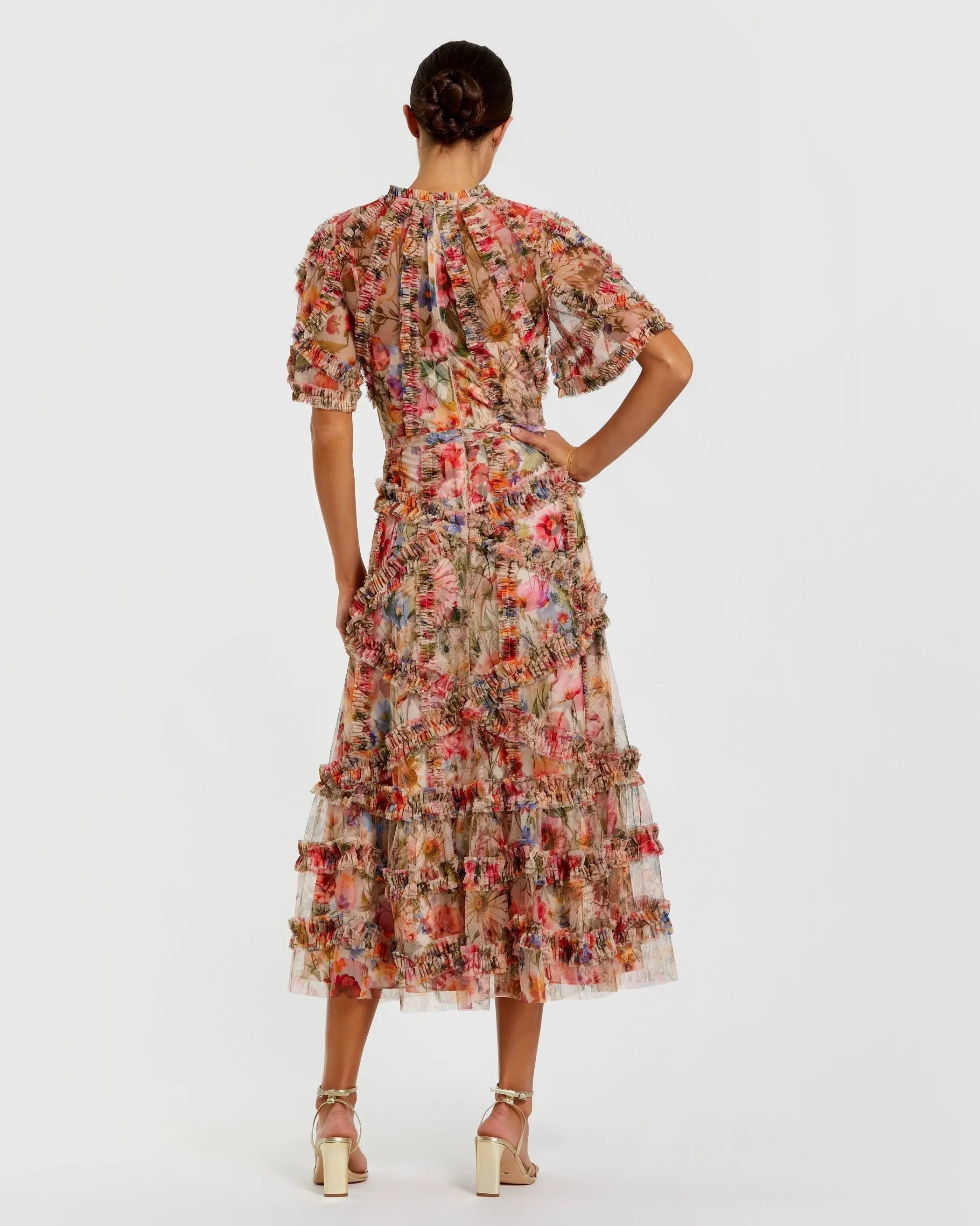 Mac Duggal #8010 cream multi floral midi dress with ruffle detailing