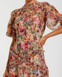 Mac Duggal #8010 cream multi floral midi dress with ruffle detailing