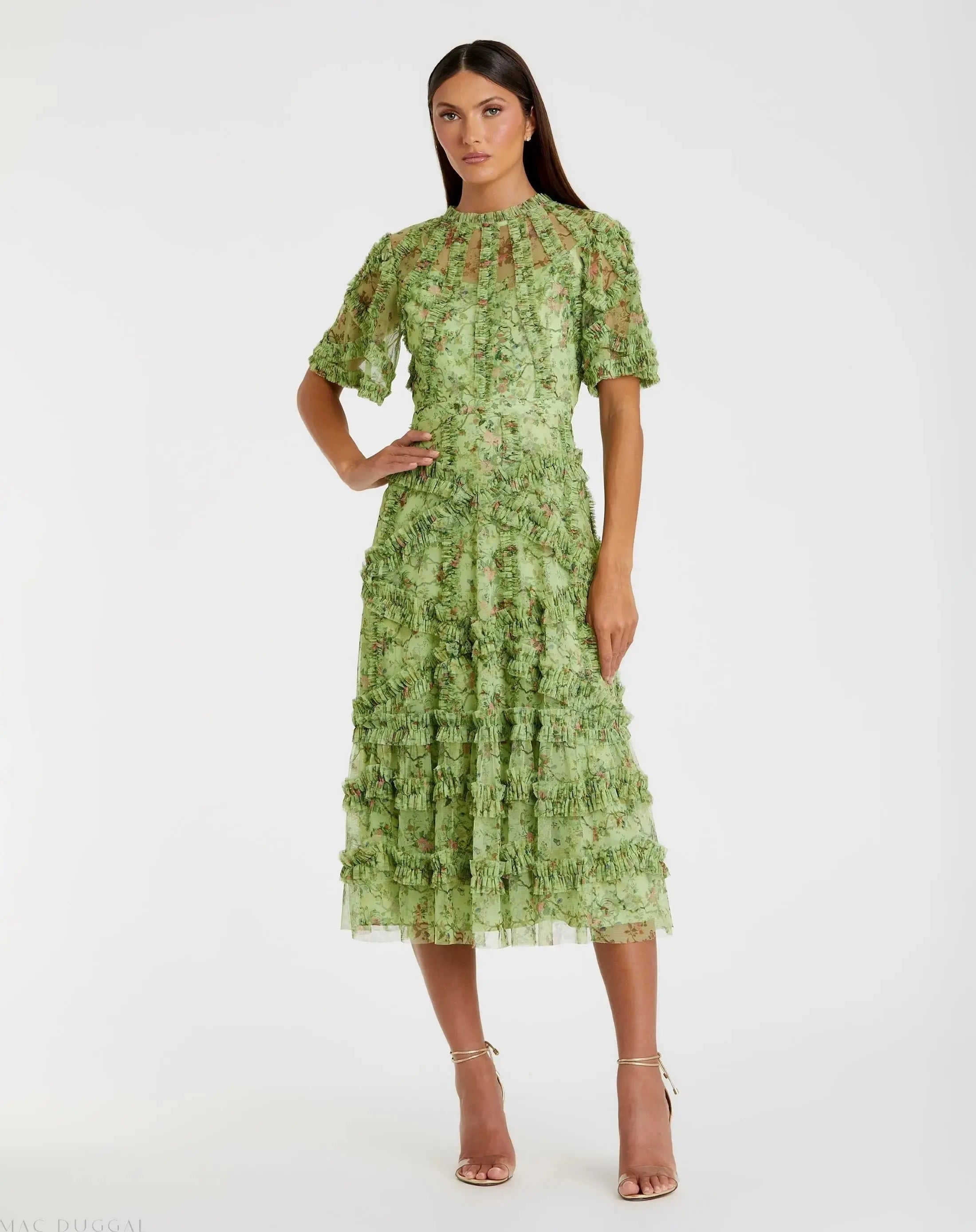 Mac Duggal #8010 sage multi floral midi dress with ruffle detailing