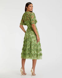 Mac Duggal #8010 sage multi floral midi dress with ruffle detailing