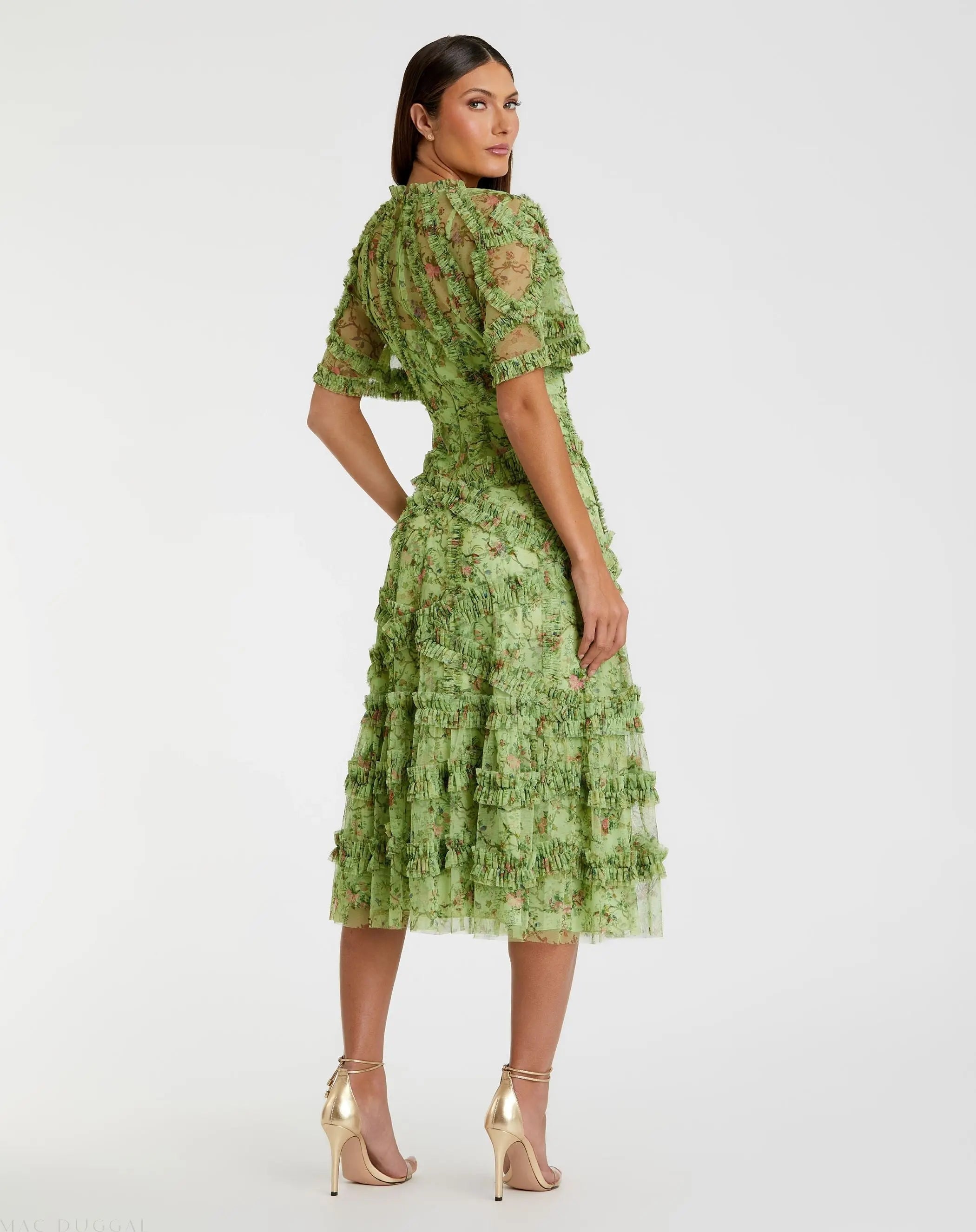 Mac Duggal #8010 sage multi floral midi dress with ruffle detailing
