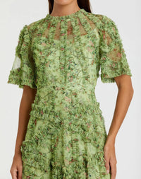 Mac Duggal #8010 sage multi floral midi dress with ruffle detailing