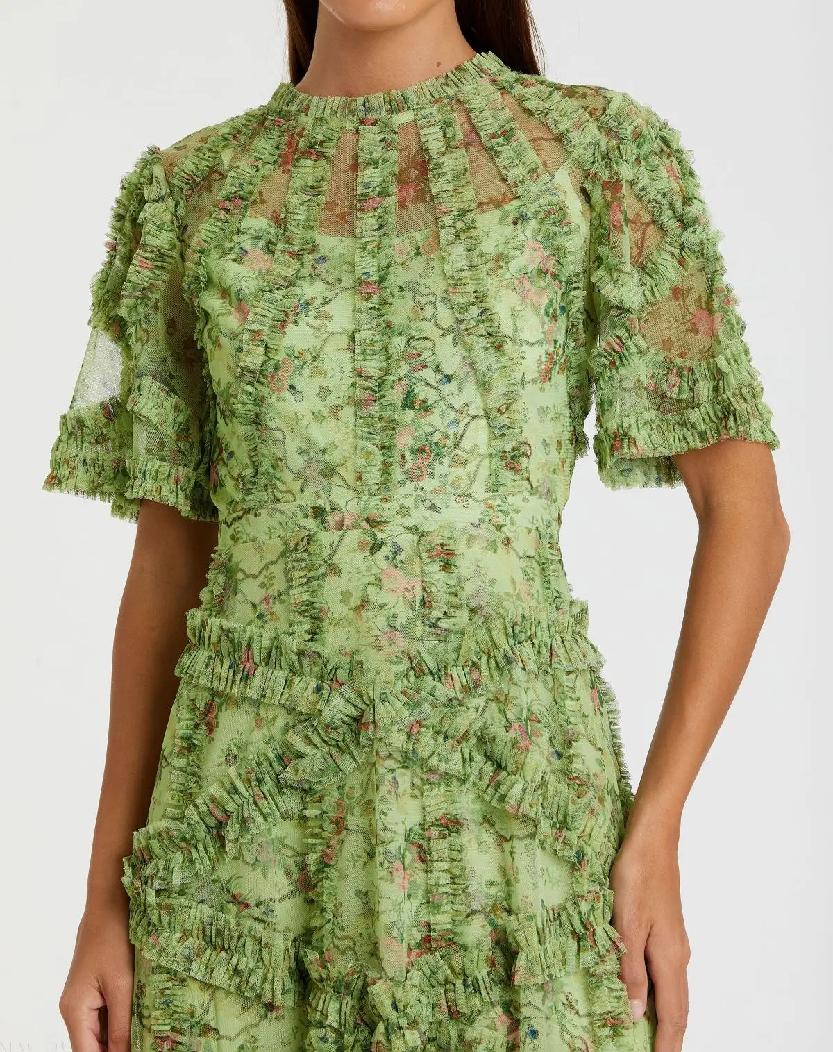 Mac Duggal #8010 sage multi floral midi dress with ruffle detailing