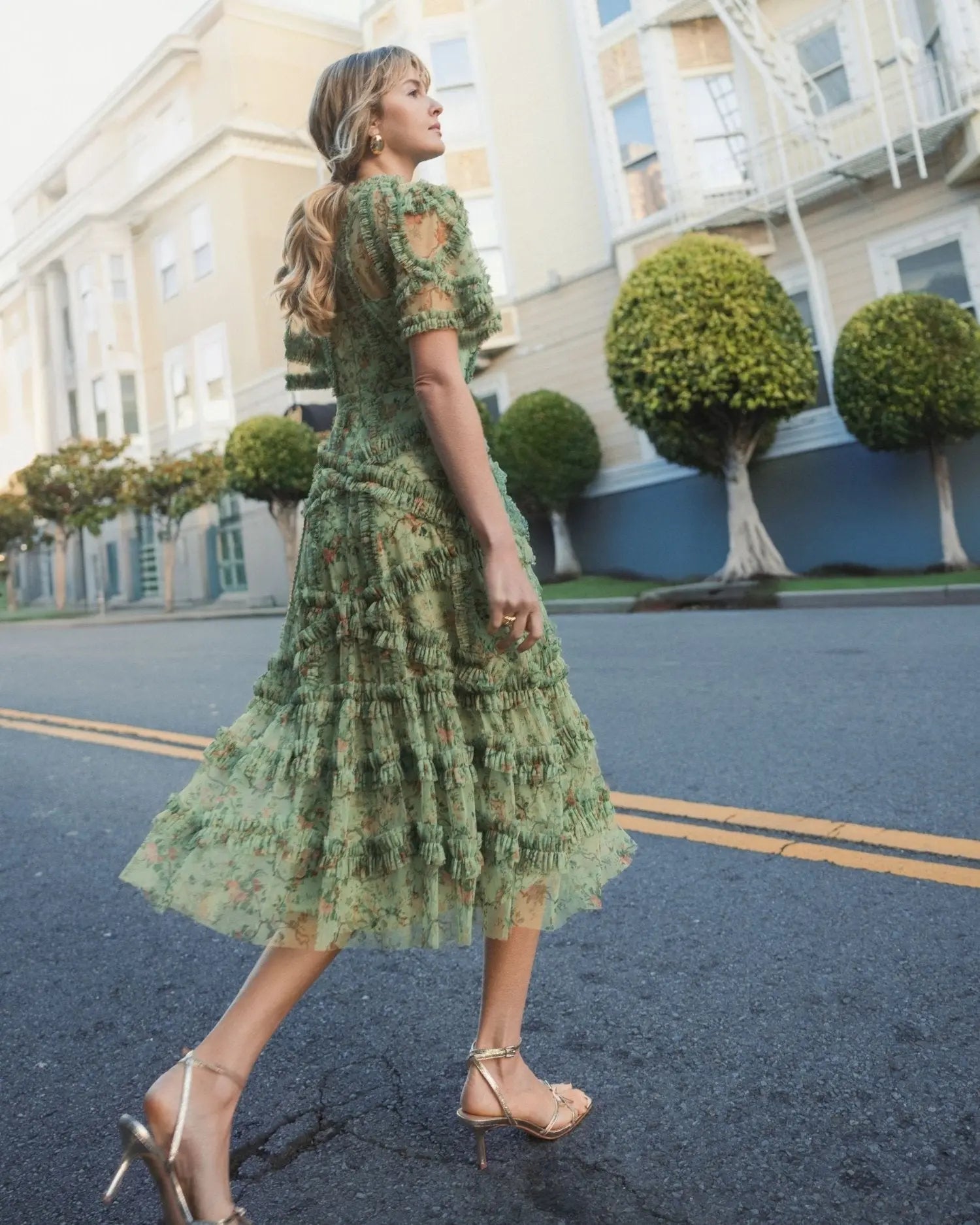 Mac Duggal #8010 sage multi floral midi dress with ruffle detailing